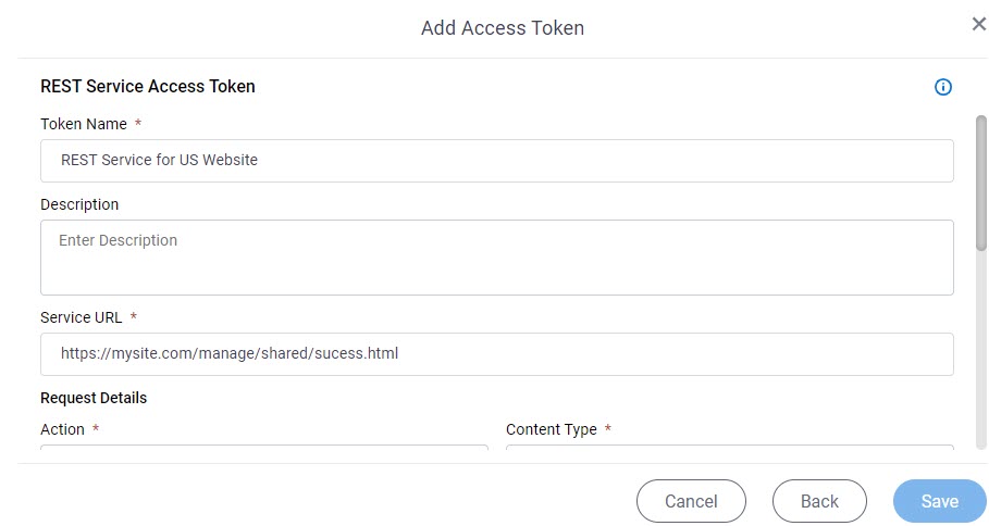 REST Service Access Token Configuration screen