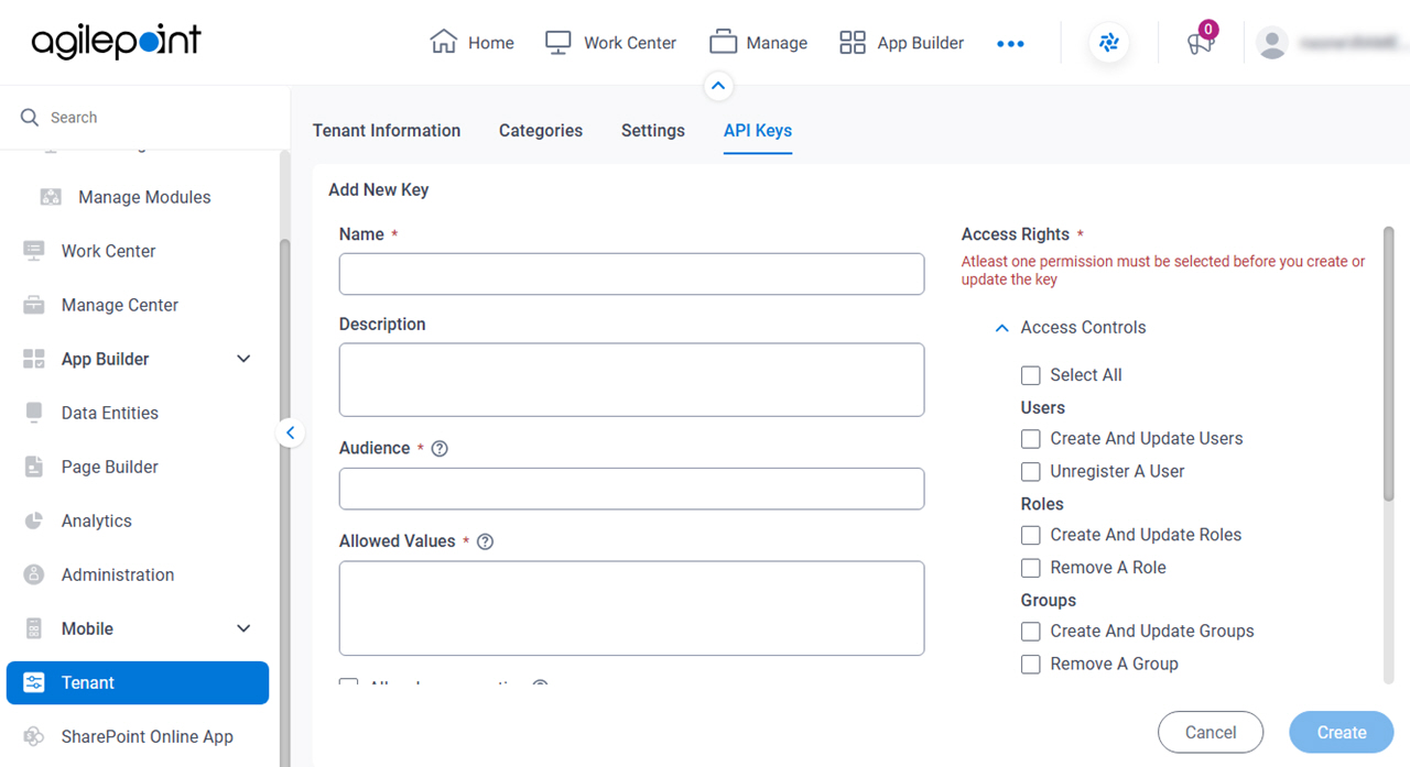 Create New Key screen