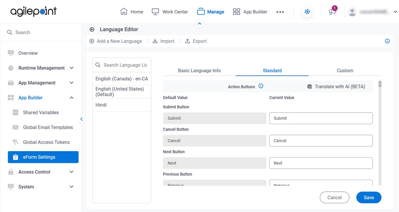 Add a New Language Standard tab