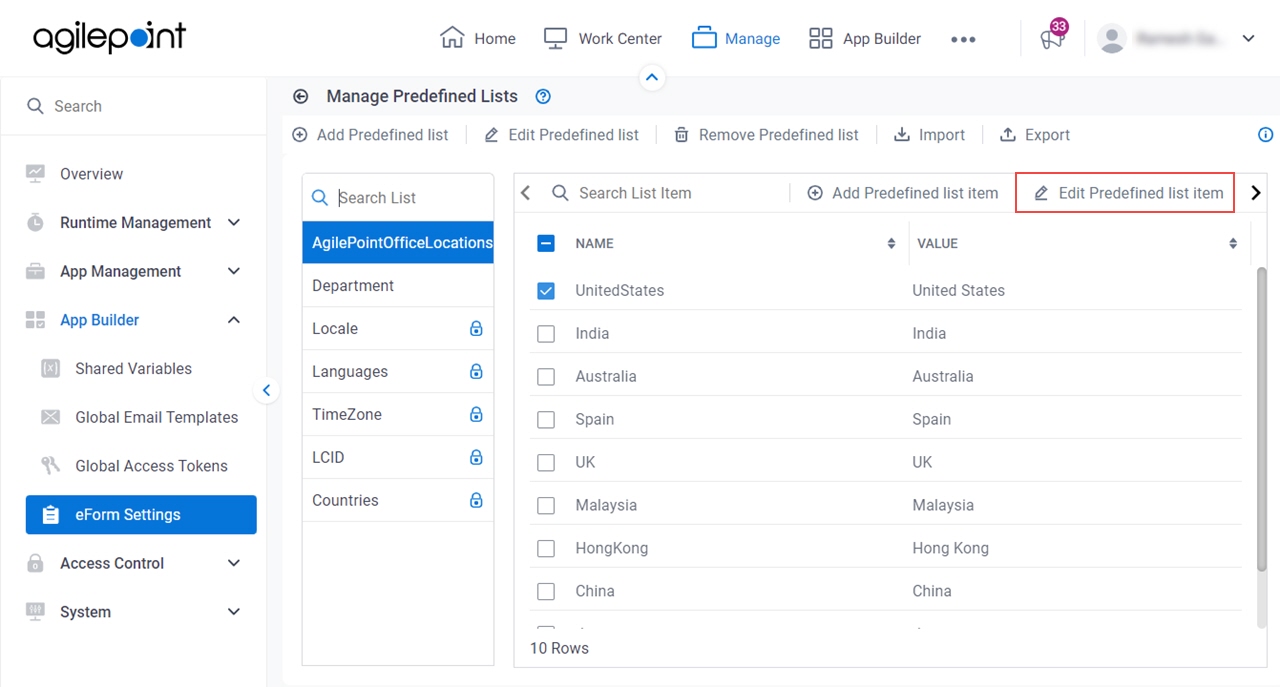 Click Edit Predefined List Item
