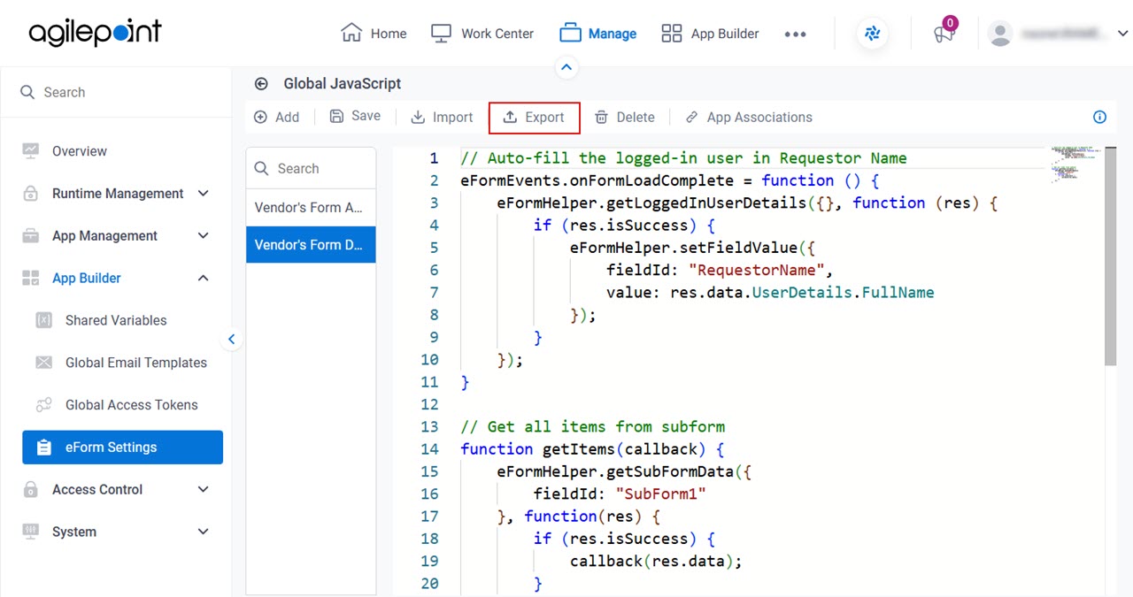 Click Export Global JavaScript