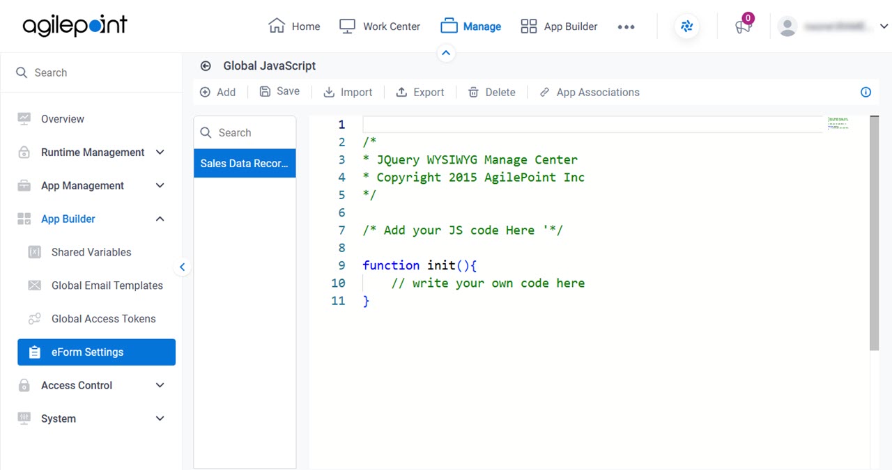 Global JavaScript screen