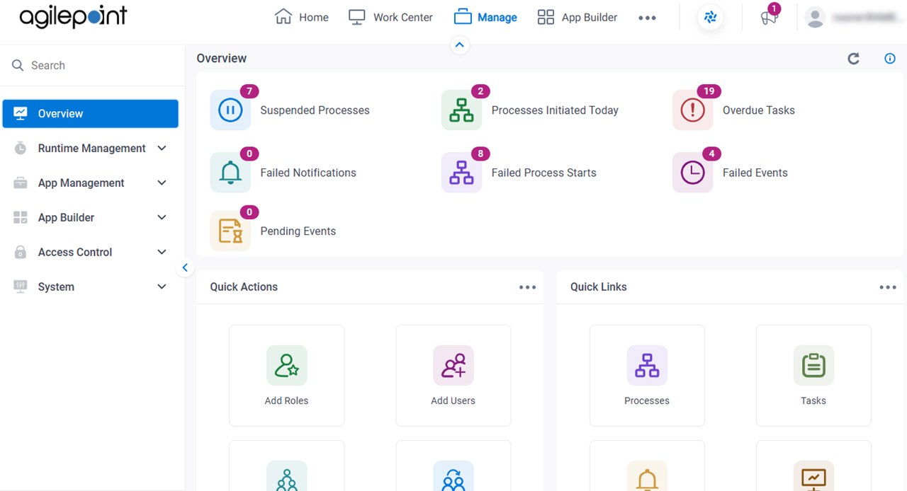 Manage Center Home screen