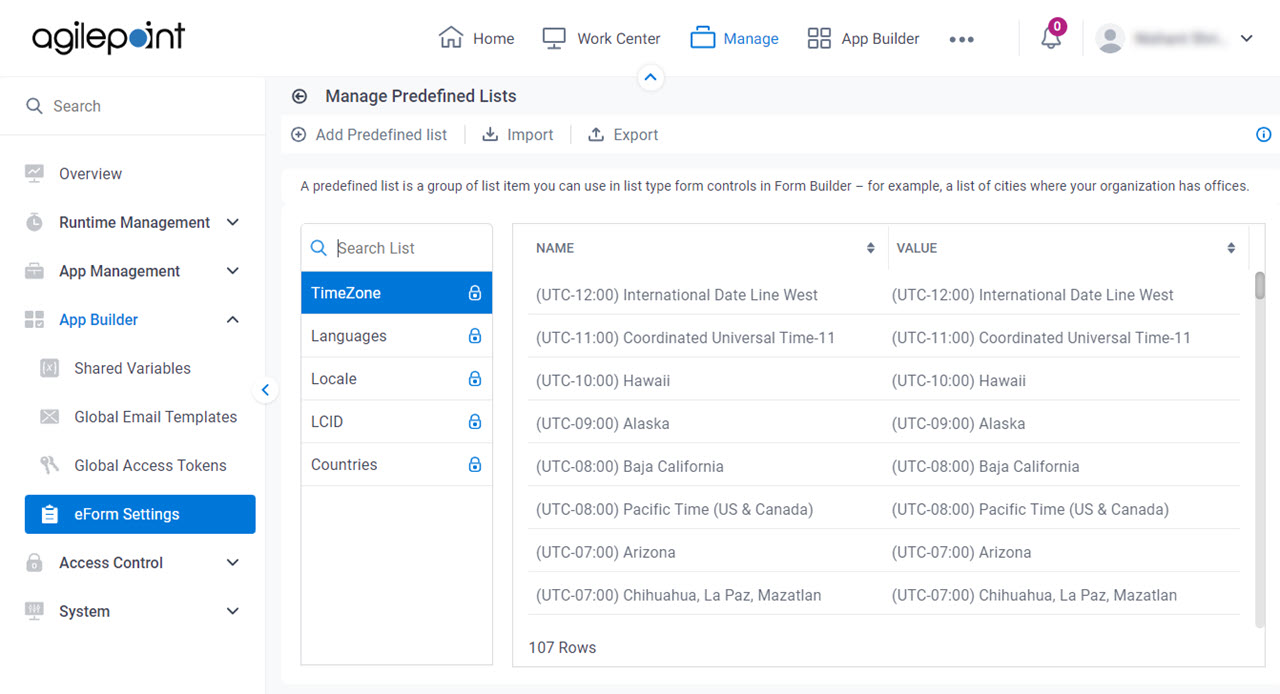 Manage Predefined Lists screen