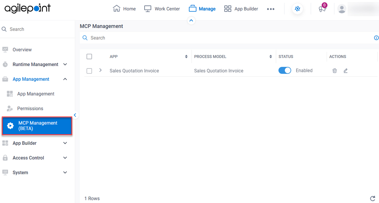 MCP Management screen