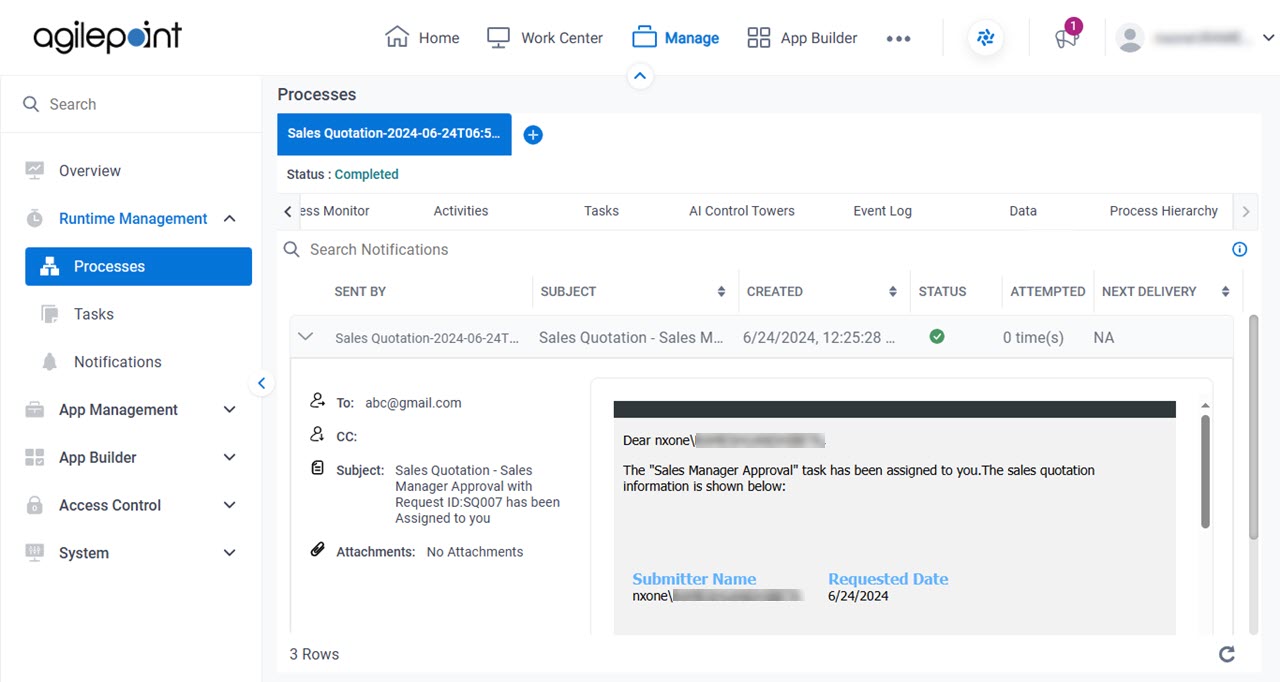 Process Detail Notifications tab