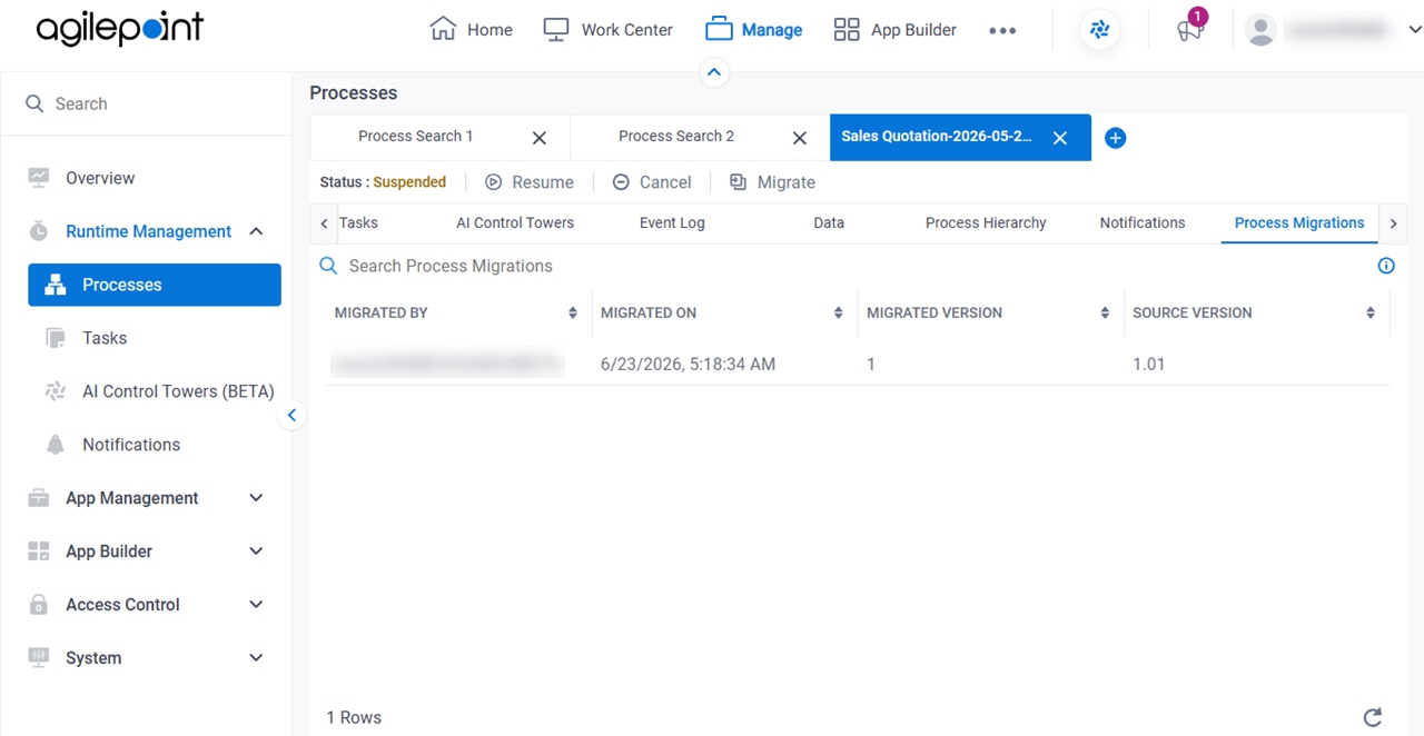 Process Detail Process Migrations tab