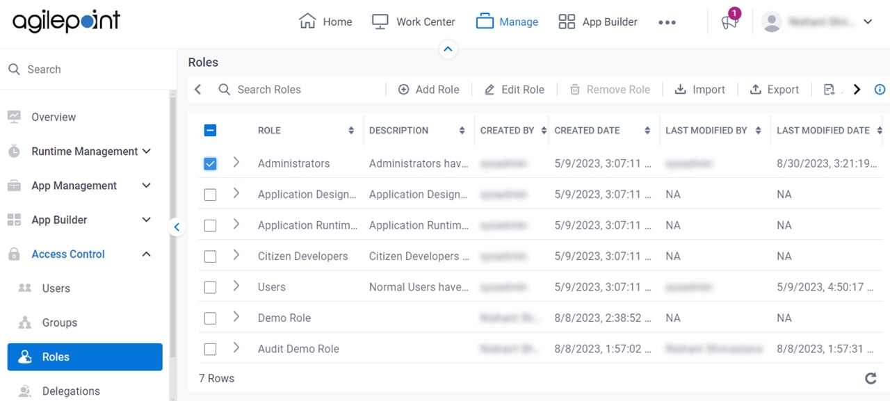 Roles screen