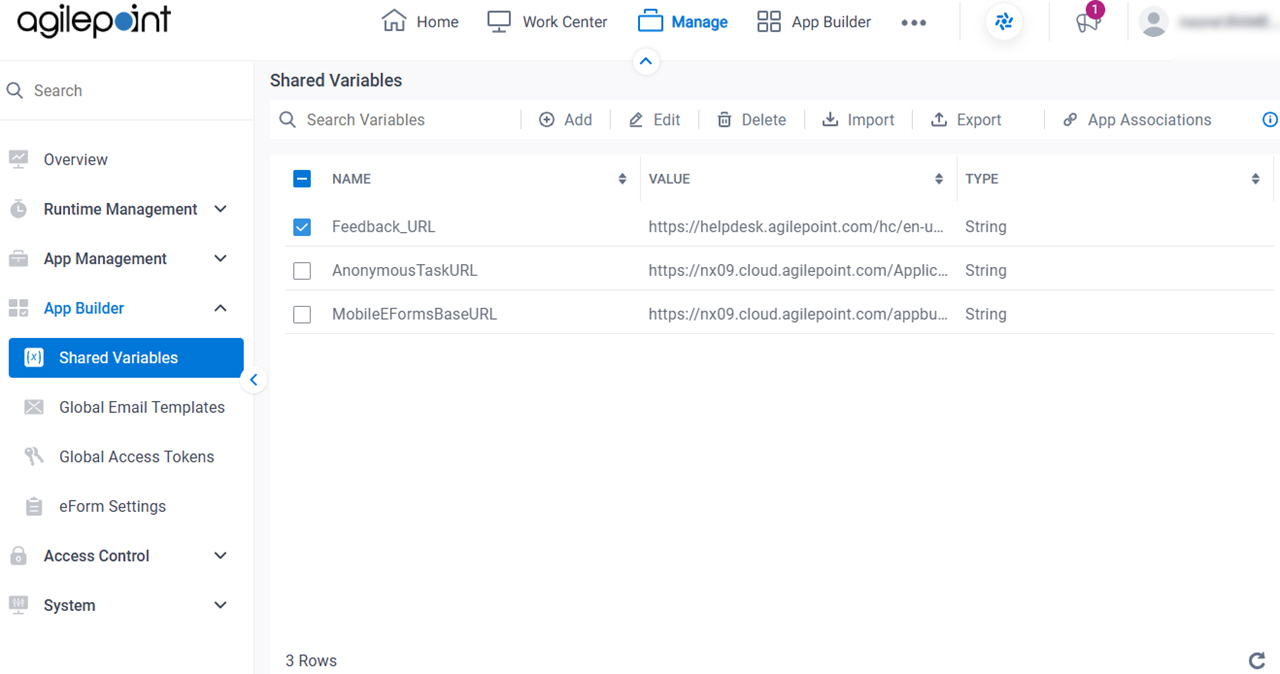Shared Variables screen