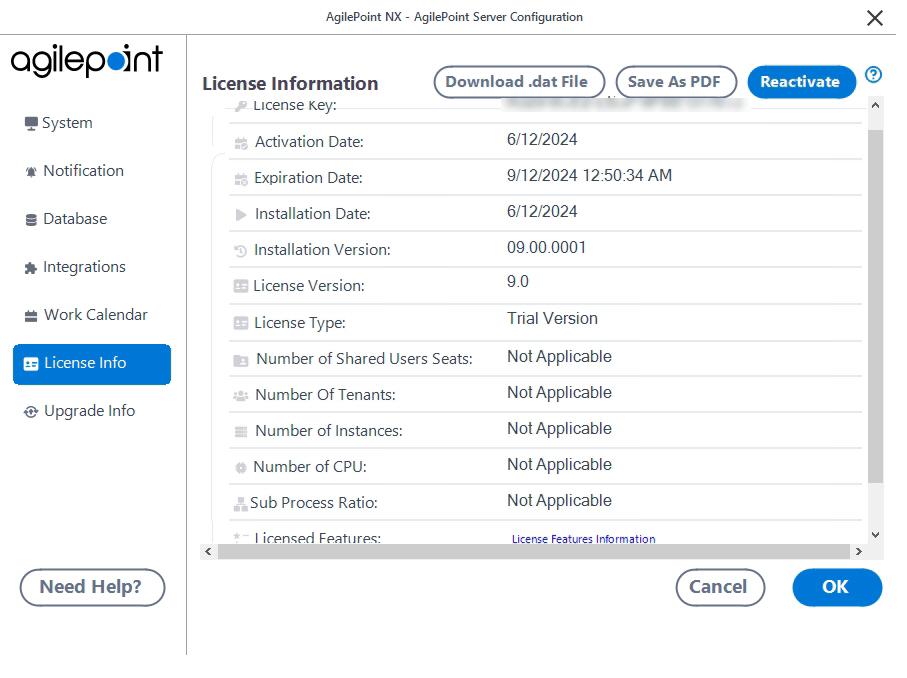 License Info tab
