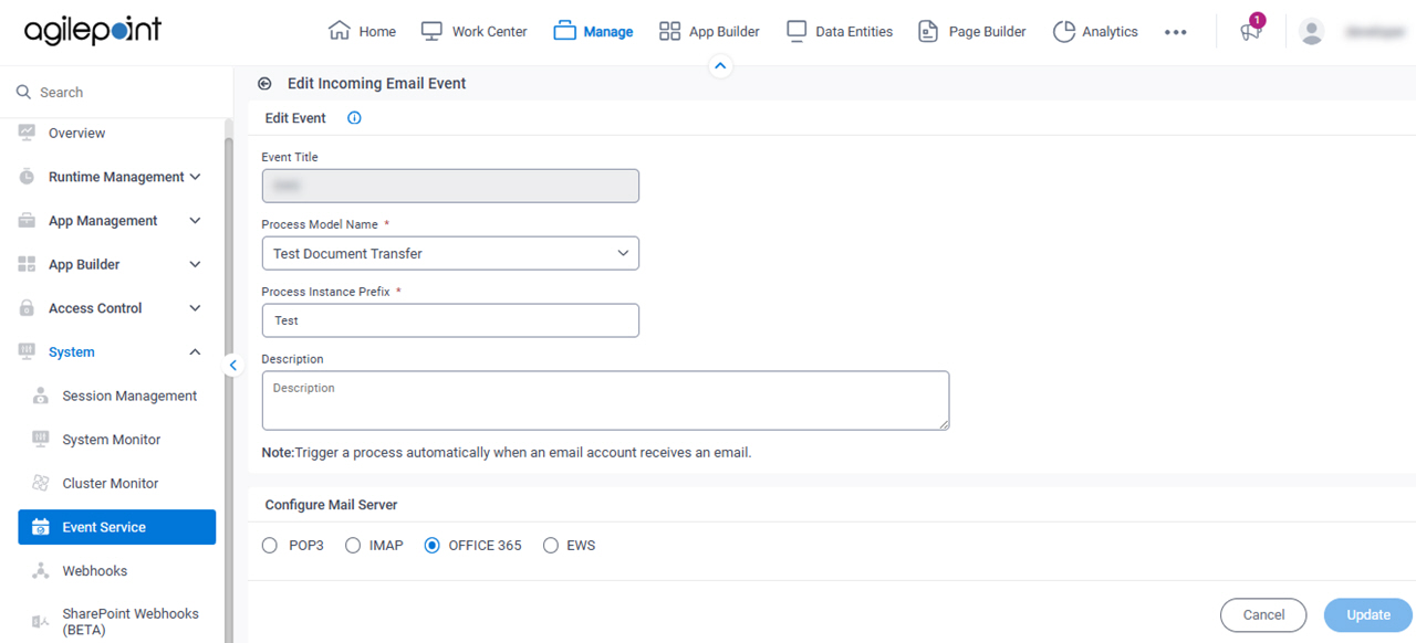 Incoming E-mail Configuration tab