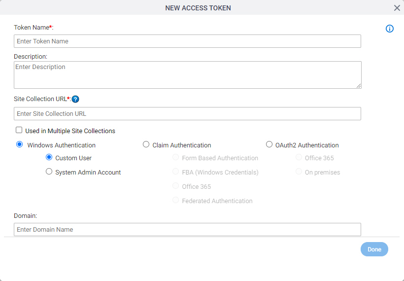 SharePoint Access Token Configuration screen