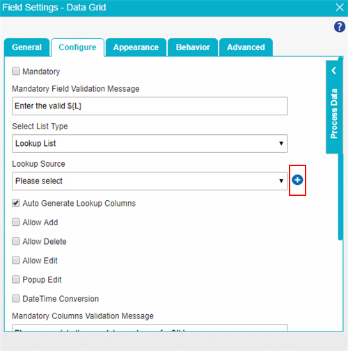 Data Grid Configure tab
