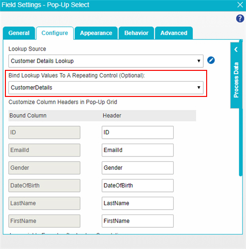 Pop-Up Select Configure tab