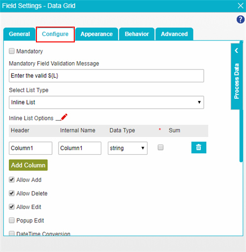 Data Grid Configure tab