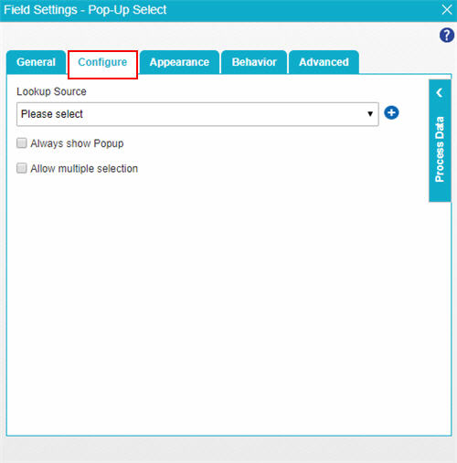 Pop-Up Select Configure tab