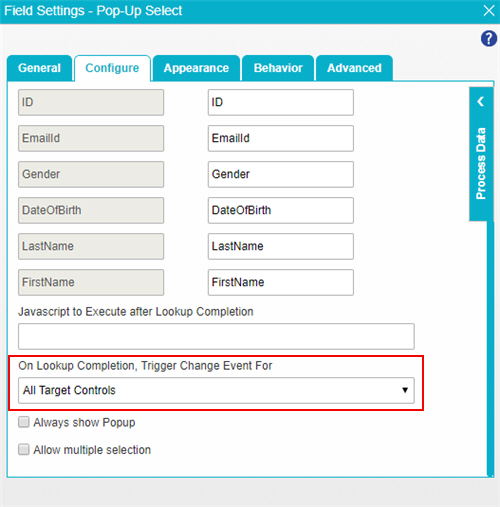 Pop-Up Select Configure tab