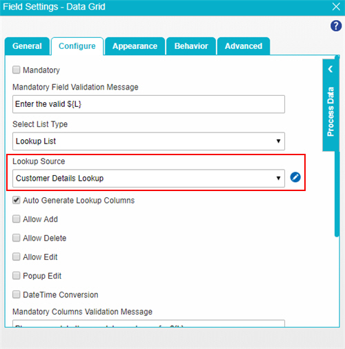 Data Grid Configure tab