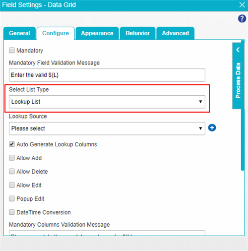 Data Grid Configure tab