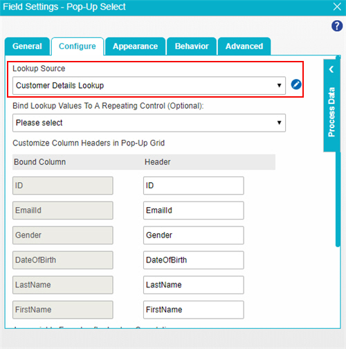 Pop-Up Select Configure tab