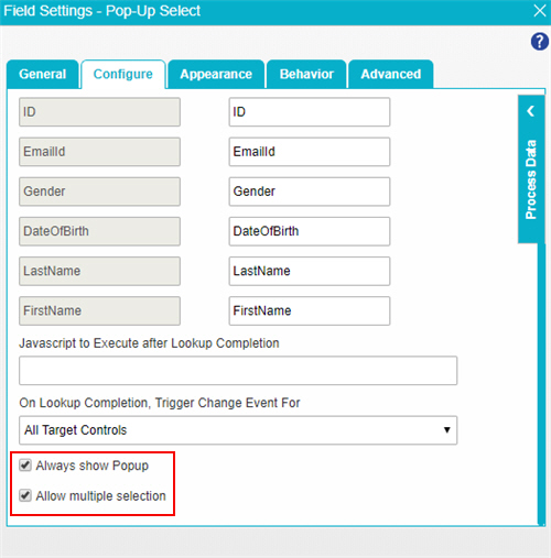 Pop-Up Select Configure tab