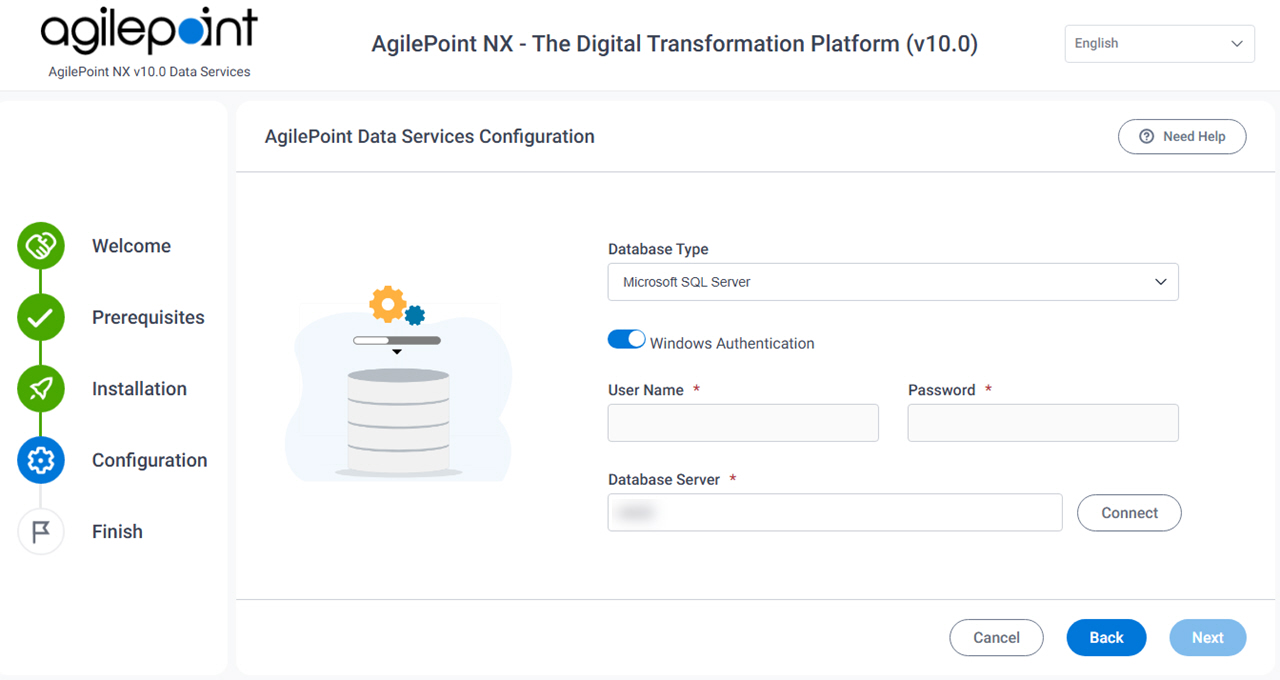 AgilePoint Data Services Configuration Database Authentication screen
