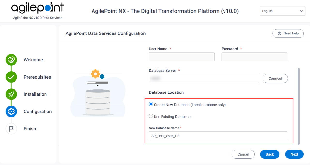 AgilePoint Data Services Configuration Database Location screen