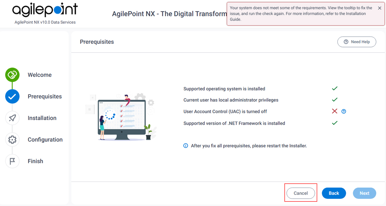 Verifying System Requirements Error screen AgilePoint Data Services