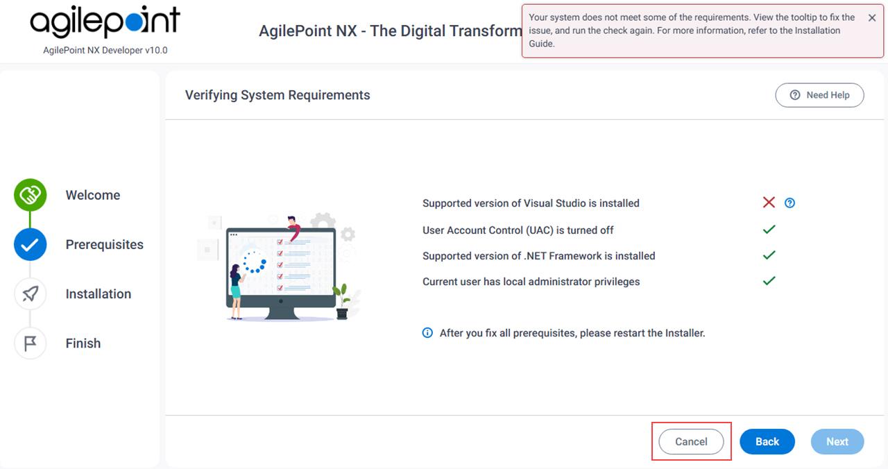 Verifying System Requirements Error screen AgilePoint NX Developer