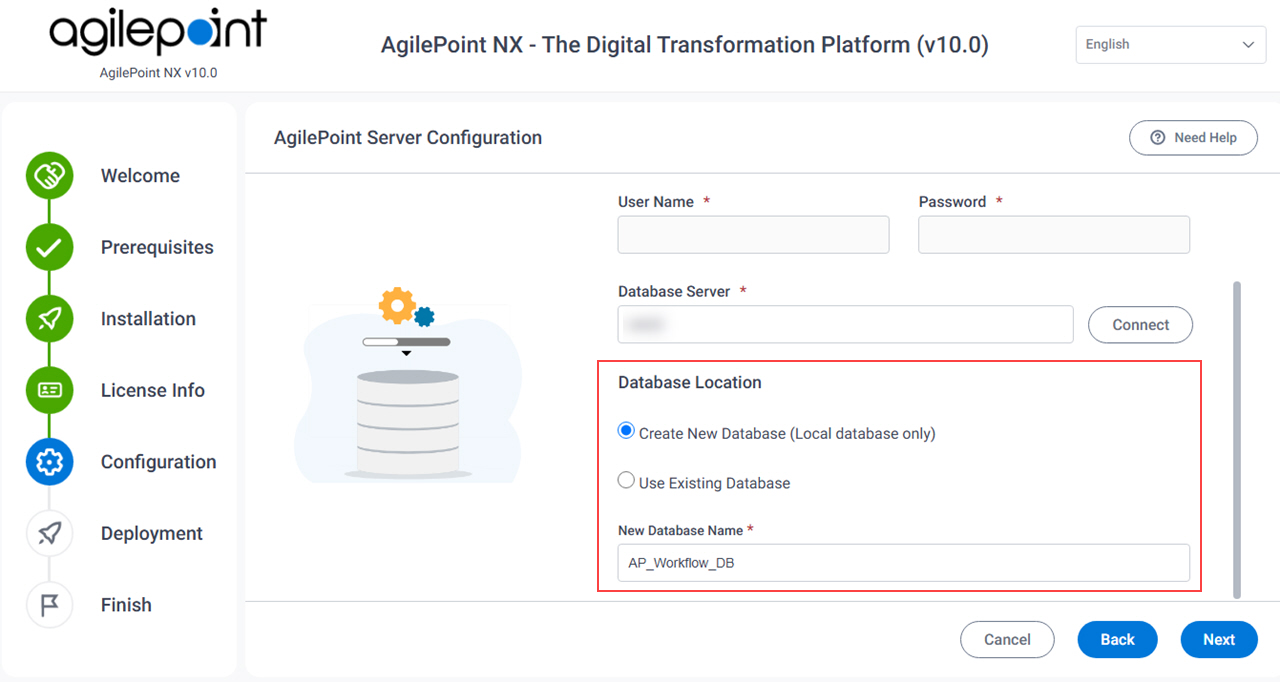 AgilePoint Server Configuration Database screen