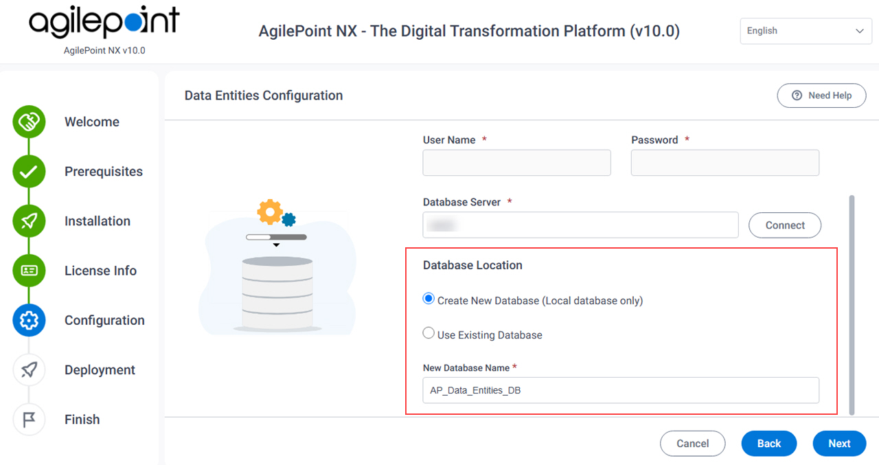 Data Entities Configuration Database screen