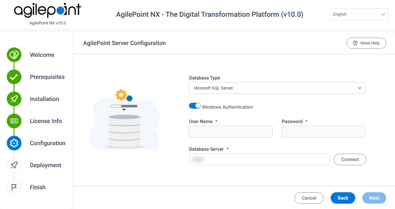 AgilePoint Server Configuration Database Authentication screen