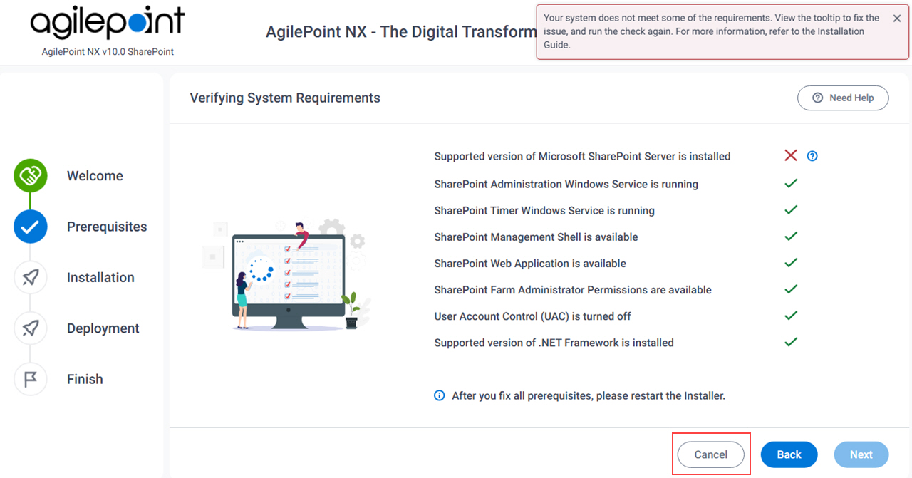 Verifying System Requirements Error screen SharePoint