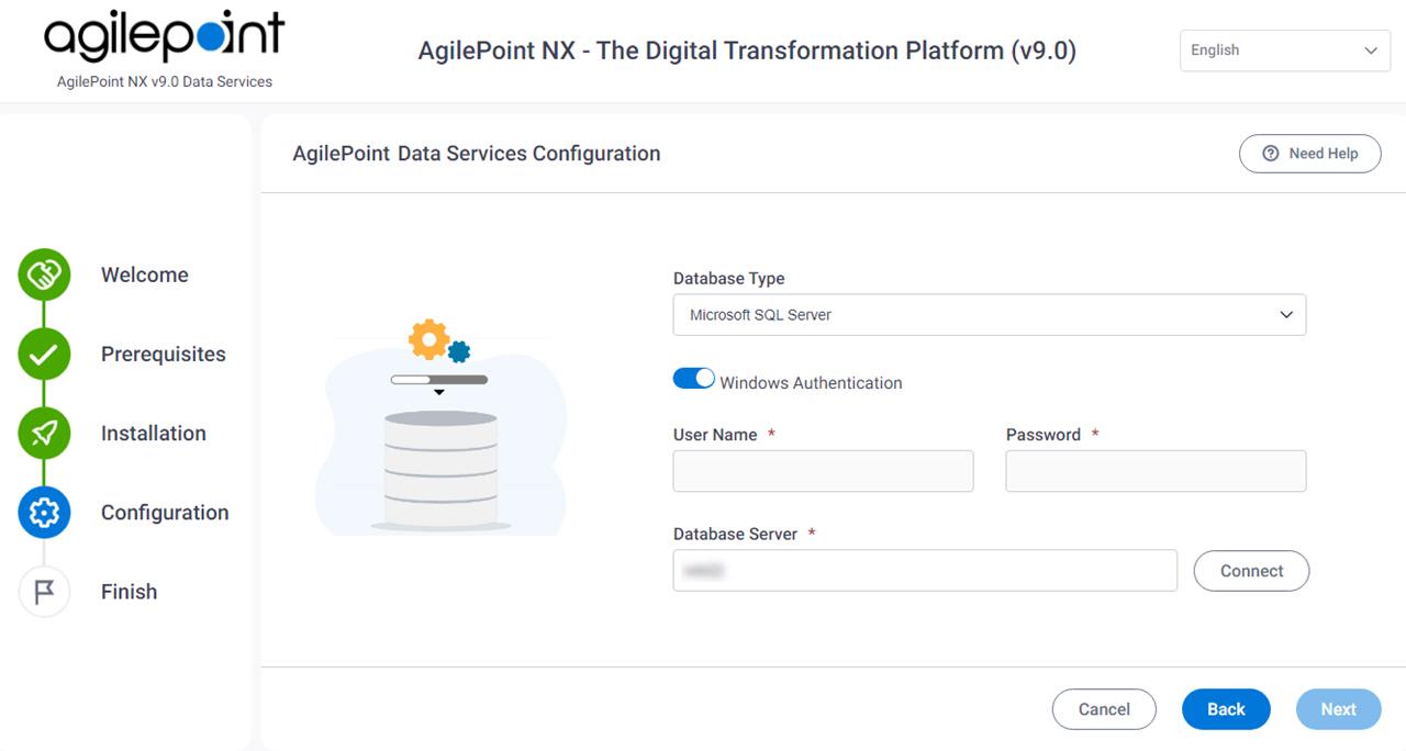 AgilePoint Data Services Configuration Database Authentication screen