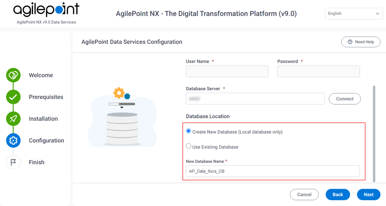 AgilePoint Data Services Configuration Database Location screen