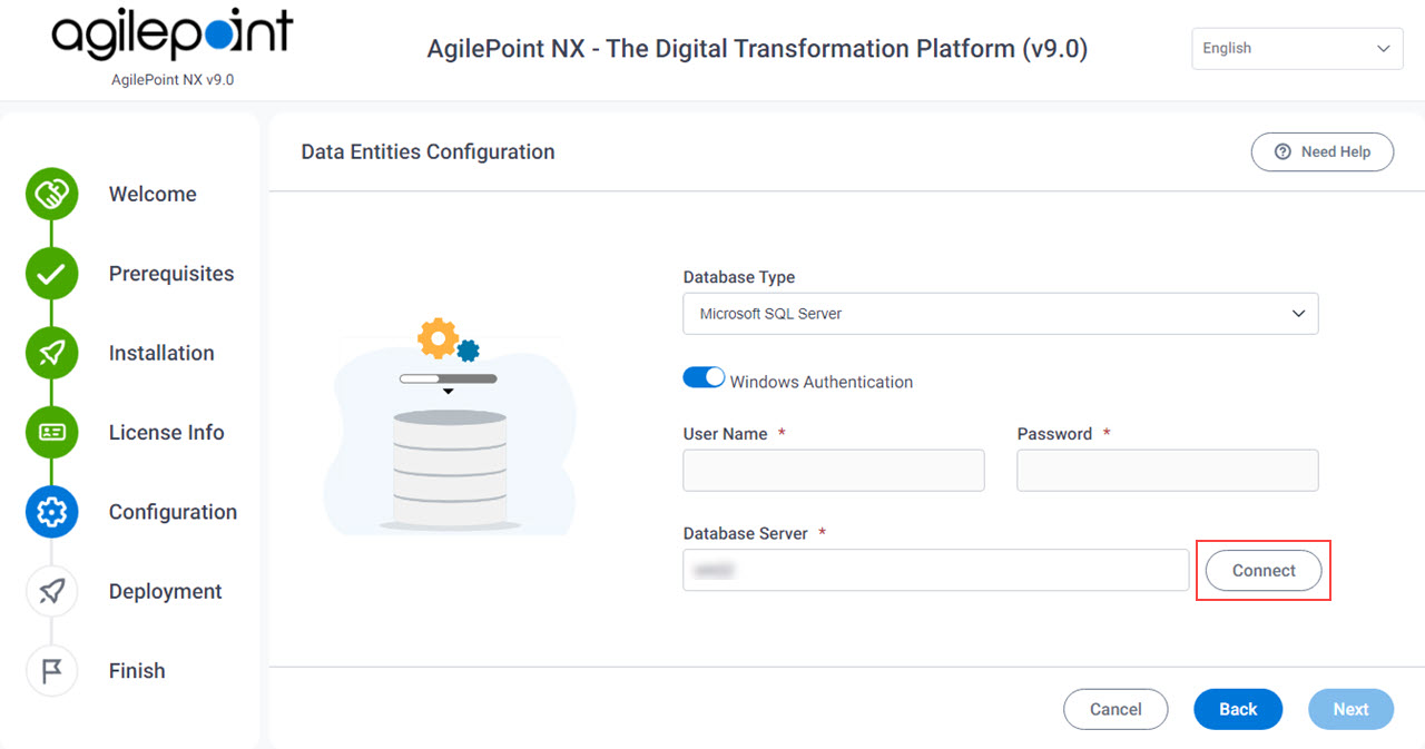 Data Entities Configuration Database Server field