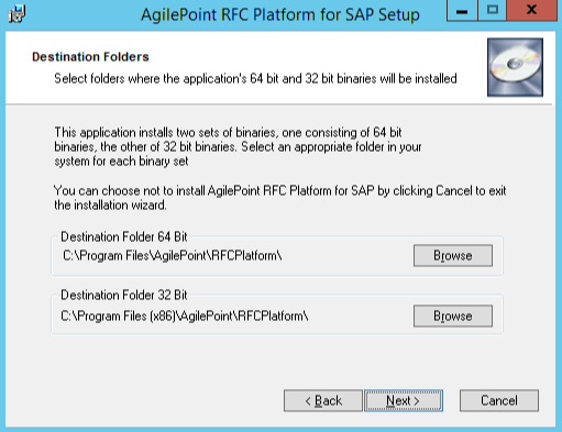Destination Folder Binary screen AgilePoint SAP Connector