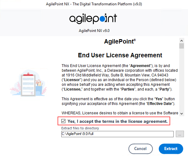 End User License Agreement For AgilePoint Software screen