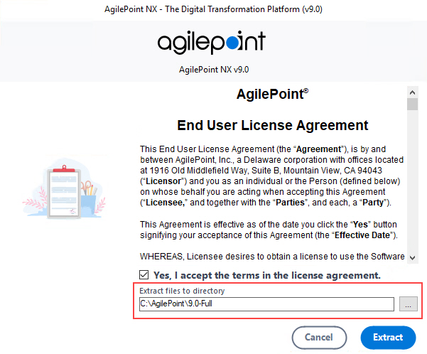End User License Agreement For AgilePoint Software screen