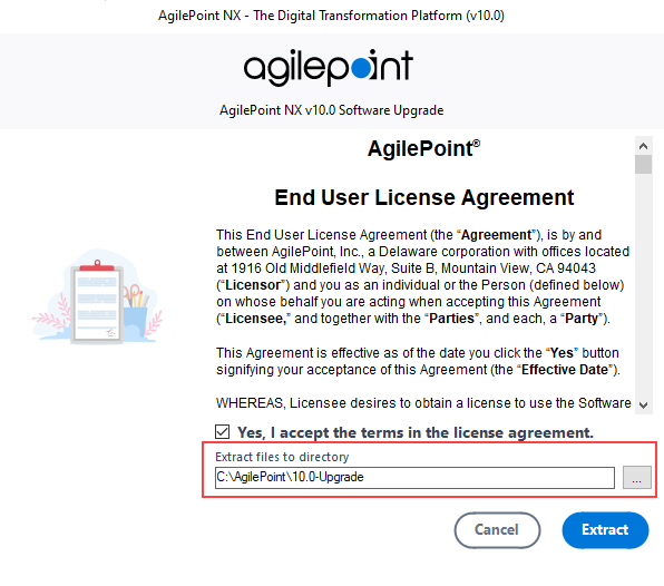 End User License Agreement for AgilePoint Software screen