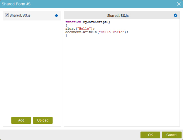 Shared Form JavaScript Code screen