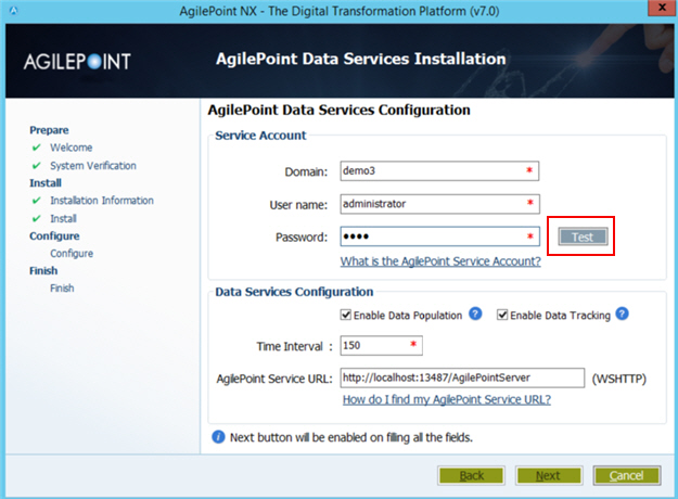 AgilePoint Data Services Configuration screen