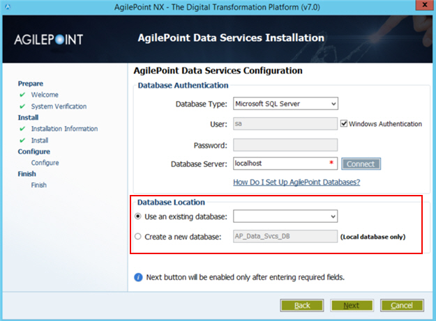 AgilePoint Data Services Configuration Database Location screen