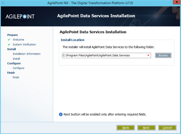 AgilePoint Data Services Install Location screen