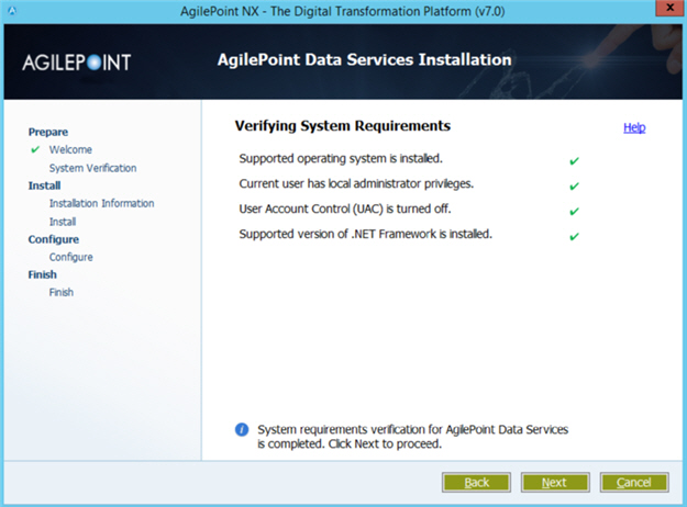 Verifying System Requirements screen AgilePoint Data Services