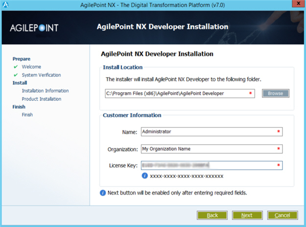AgilePoint NX Developer Installation screen