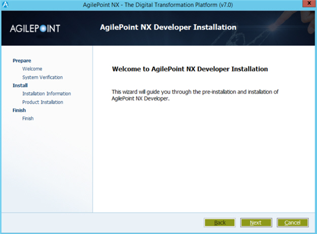 Welcome To AgilePoint NX Developer Installation screen