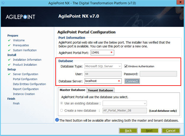 AgilePoint Portal Configuration Database screen
