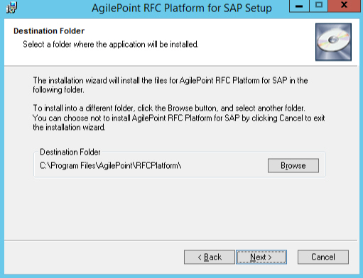 Destination Folder screen AgilePoint SAP Connector