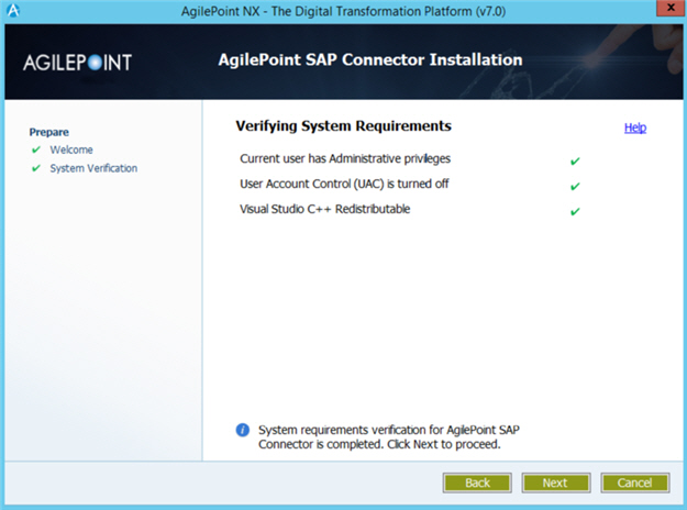 Verifying System Requirements screen AgilePoint SAP Connector